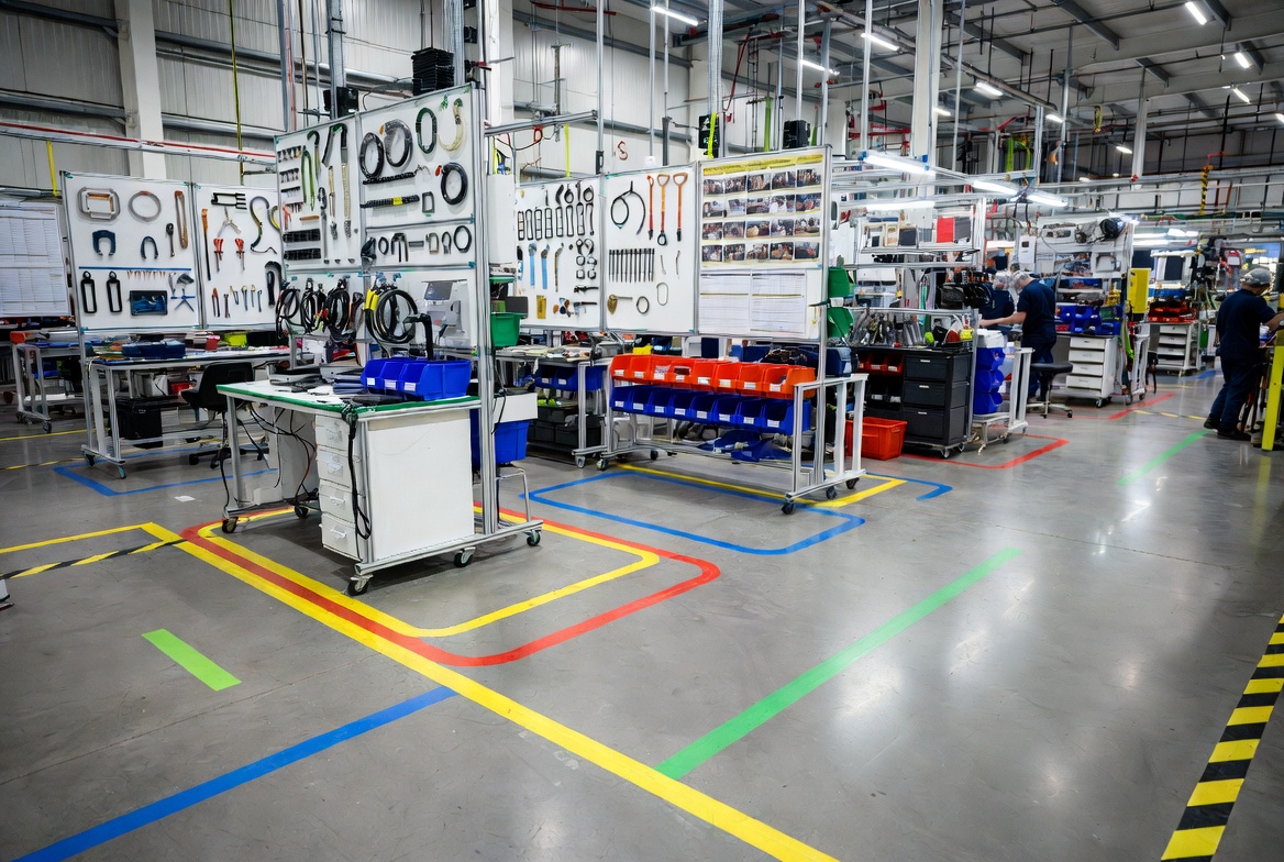 5S lean manufacturing factory floor with color-coded walkways, shadow boards for tools, visual management boards, and highly organized workstations demonstrating workplace excellence