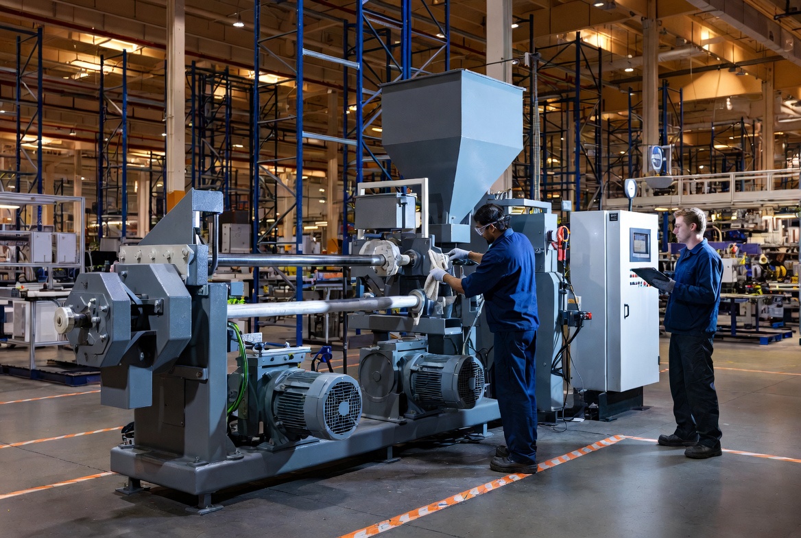 Technician performing autonomous maintenance on industrial machinery with colleague documenting — demonstrating TPM principles in action