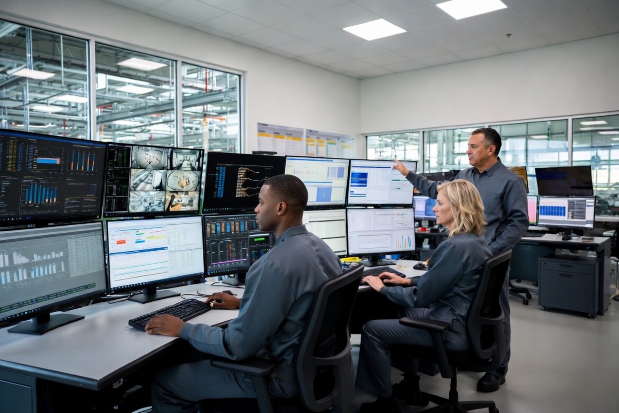 Modern factory control room with real-time dashboards and operators monitoring production metrics for TPM and lean excellence